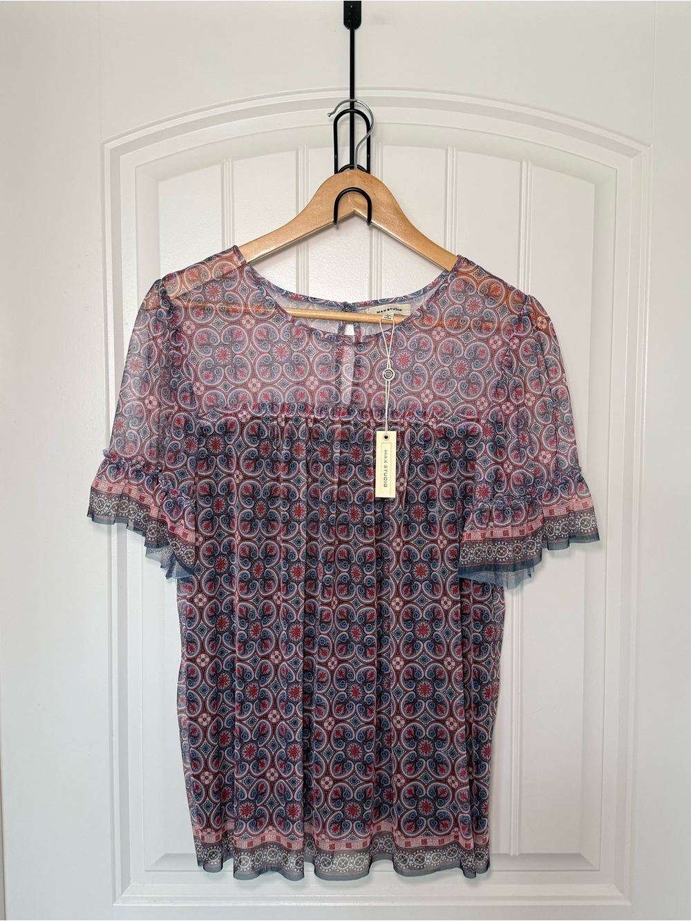 Max Studio Women’s Large Red Blue Geometric Print Blouse Y2K Whimsigoth Lined